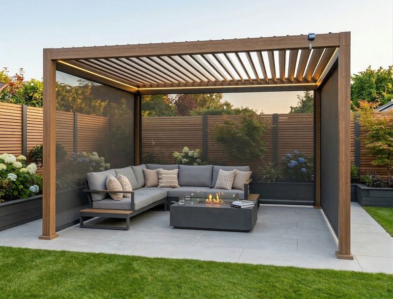 LuxShade™ 3×4m Aluminium Pergola – LEDs, Double-Layer Louvres &amp; 3 Windscreens - Oak Effect
