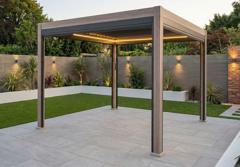 LuxShade™ 3×3m Oak Effect Aluminium Pergola LEDs, Double-Layered Louvred Roof