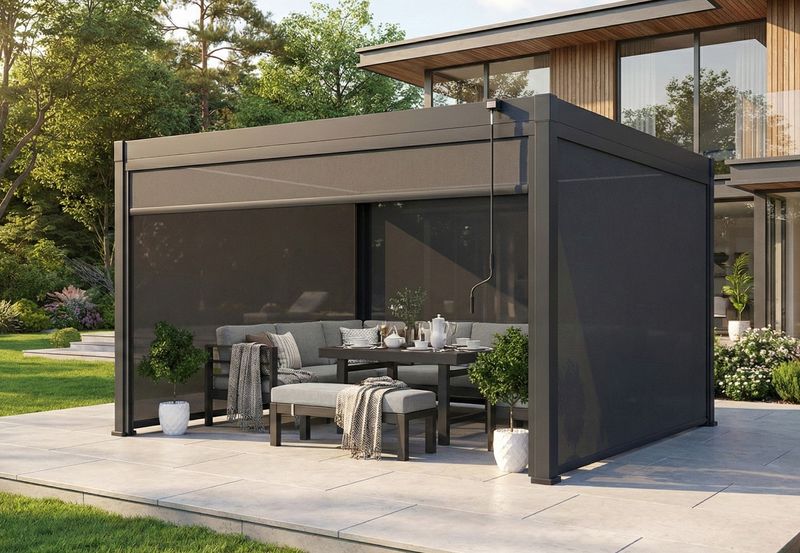 LuxShade™ 4×4m Aluminium Pergola with LEDs, Double-Layered Louvred Roof &amp; 3 Blinds