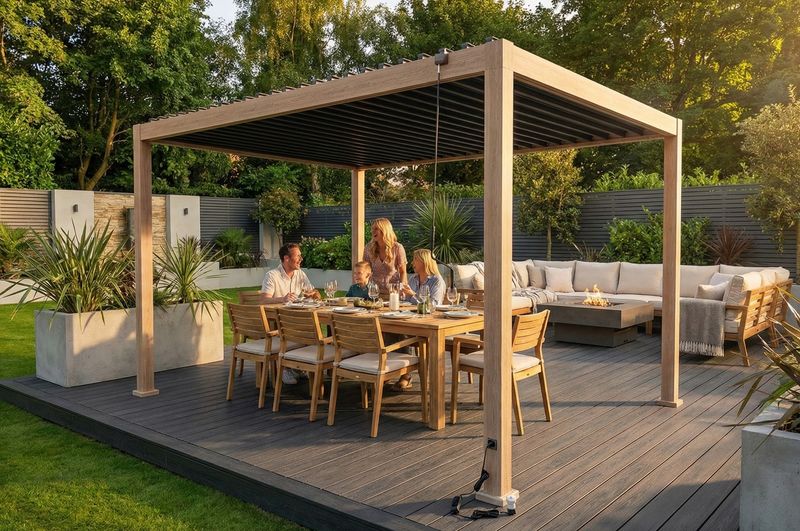LuxShade™ 3×4m Oak Effect Aluminium Pergola with LEDs, Double-Layered Louvres