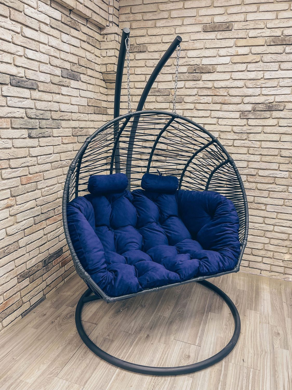 Double Hanging Egg Chair Grey with Blue Cushion