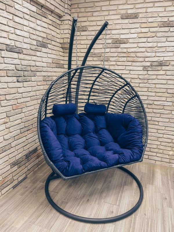 Double Hanging Egg Chair Grey with Blue Cushion