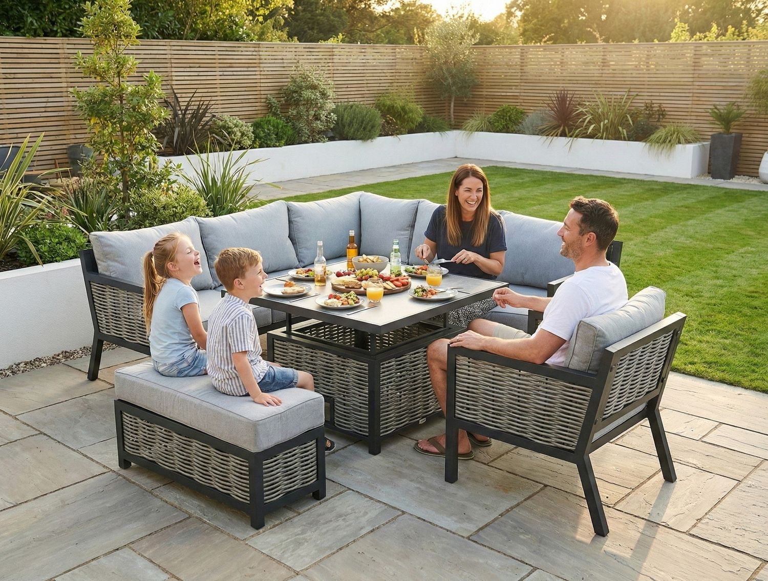 Lisbon Aluminium Corner Sofa, Chair, Bench &amp; Rising Table Dining Set | Light Grey