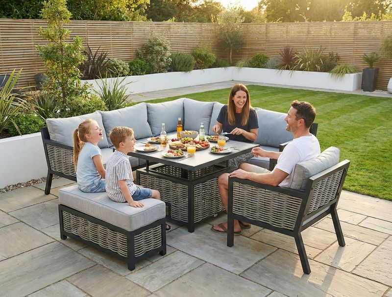 Lisbon Aluminium Corner Sofa, Chair, Bench &amp; Rising Table Dining Set | Light Grey