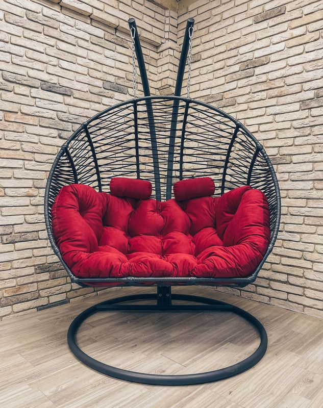 Double Hanging Egg Chair Grey with Red Cushion