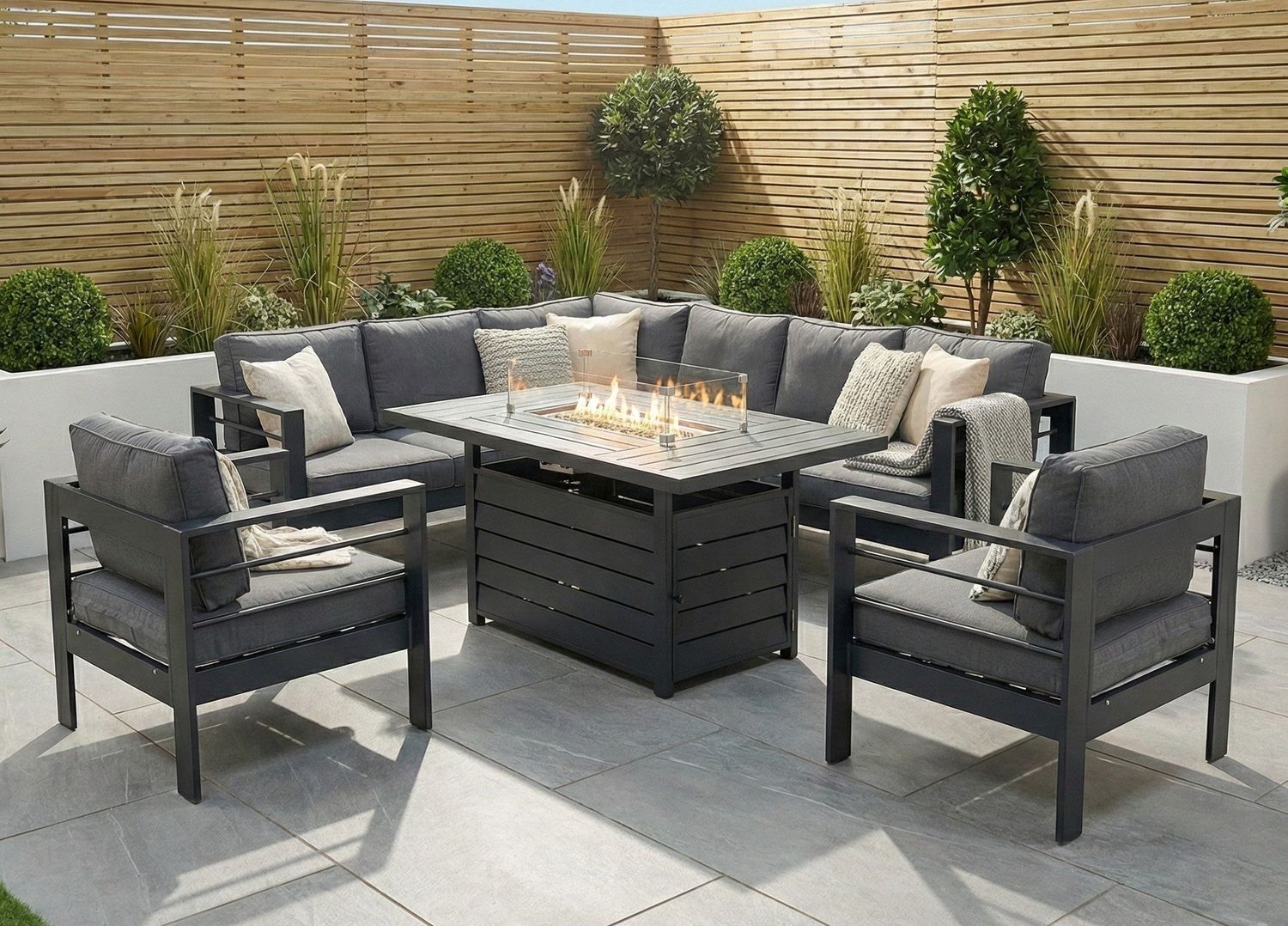 Aluminium Left Hand Corner Garden Sofa Set with Fire Pit Table &amp; Armchairs – Grey