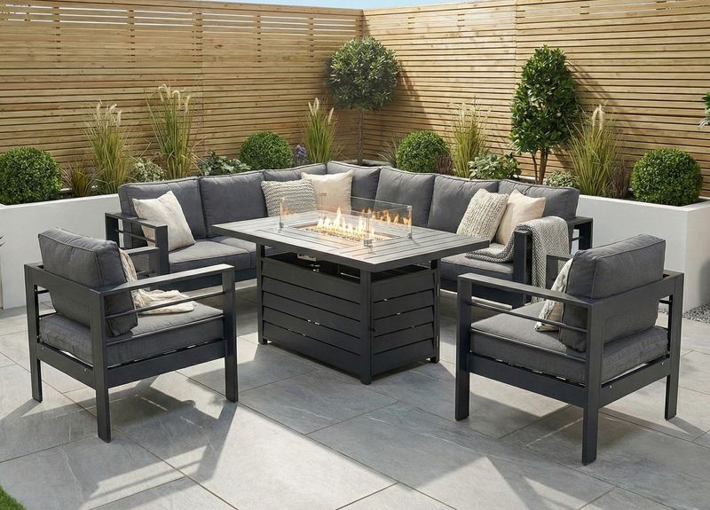 Aluminium Corner Sofa Set with Fire Pit | Left - Grey Aluminium Left Hand Corner Garden Sofa Set with Fire Pit Table & Armchairs – Grey