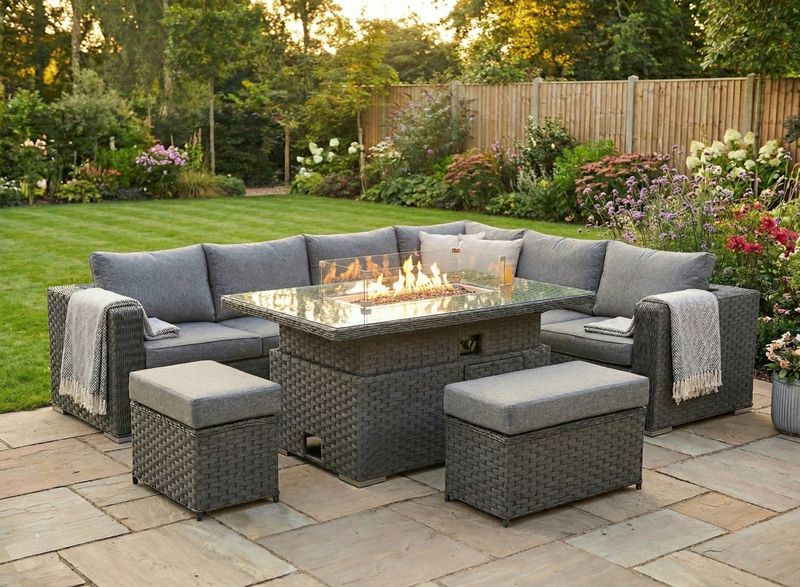 Apollo Luxury Rattan Corner Sofa Set | Right - Grey Apollo Luxury Rattan Right Hand Corner Sofa Stool Bench and Rising Fire Pit Table - Grey