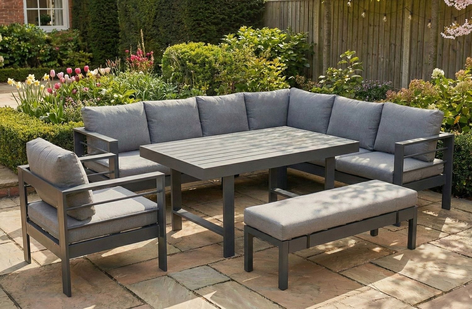 Aluminium Right Hand Corner Garden Sofa &amp; Dining Set with Bench – Dark Grey