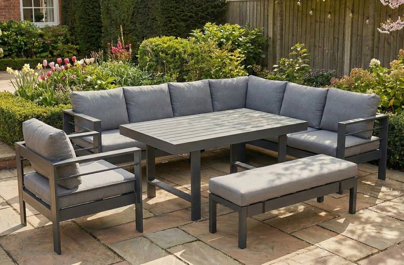 Aluminium Right Hand Corner Garden Sofa &amp; Dining Set with Bench – Dark Grey