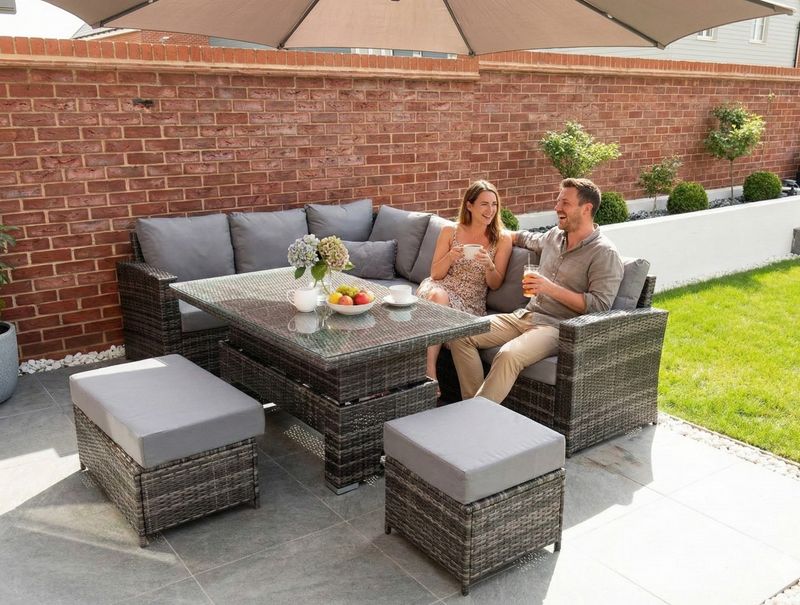Kos Rattan Corner Sofa Set | Left - Mixed Grey / Light Kos Rattan Left Hand Corner Sofa, Rising Table, Stool & Bench - Mixed Grey / Light