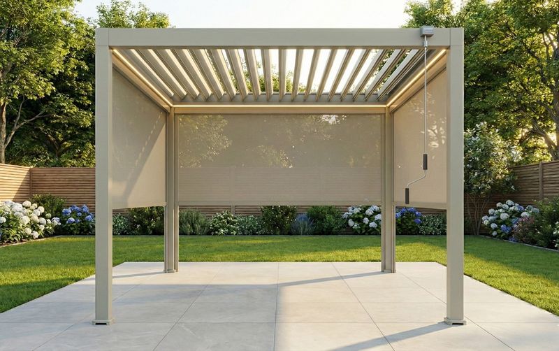 LuxShade™ 3×3m Pebble Aluminium Pergola with LEDs, Double-Layered Roof &amp; 3 Blinds