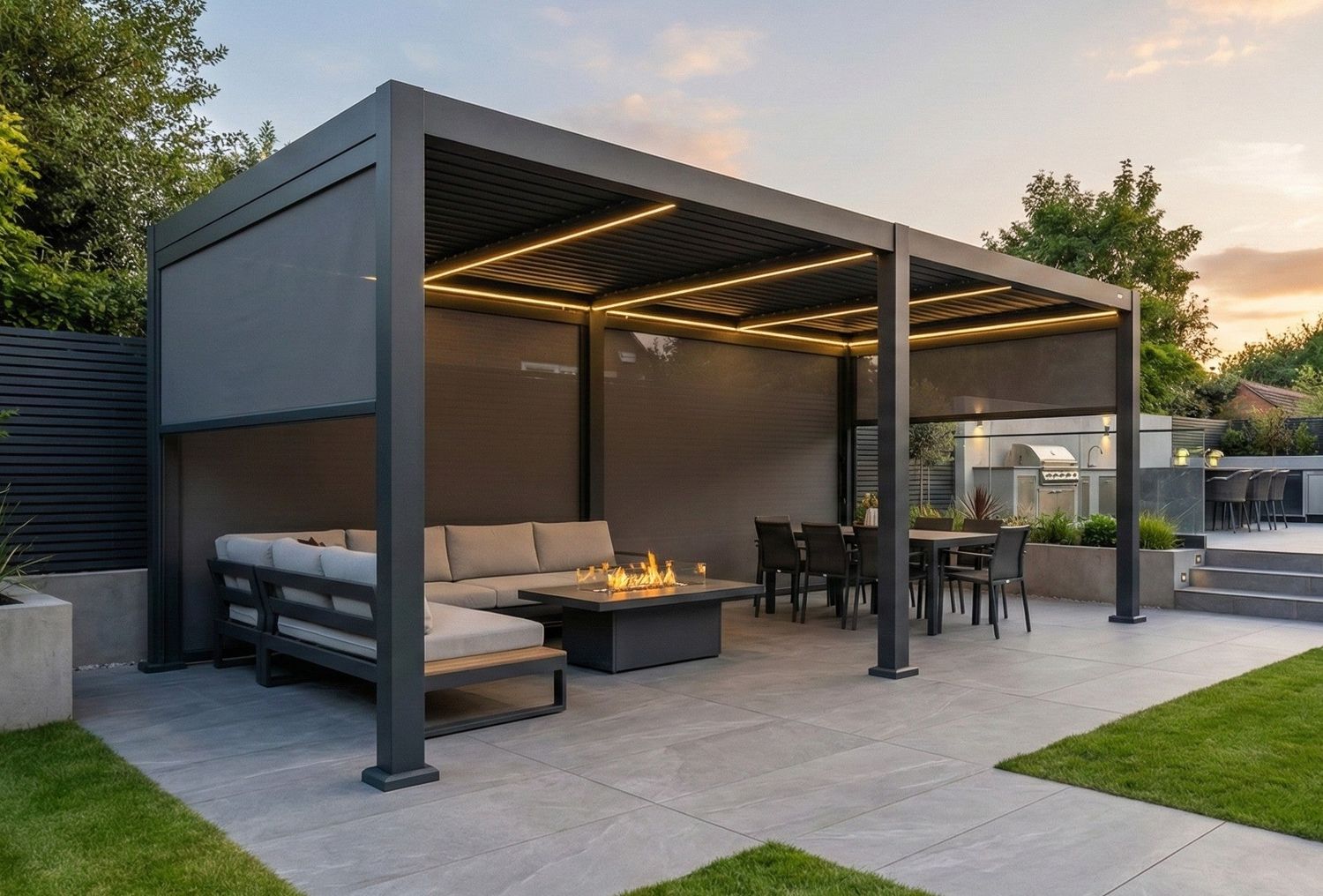 SplitZone™ 3×6m Grey Aluminium Pergola with LEDs, Mid-Beam Louvred Roof &amp; Blinds