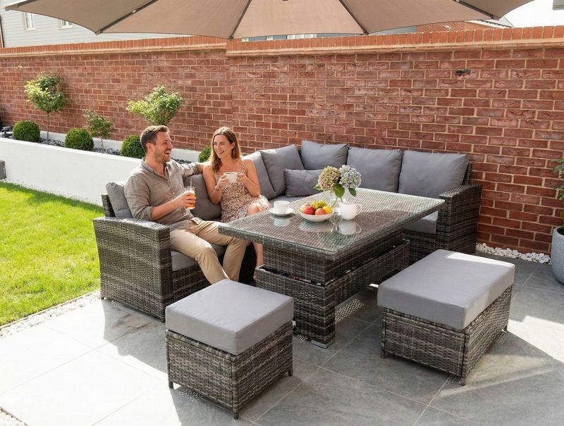 Kos Rattan Corner Sofa Set | Right - Mixed Grey / Light Kos Rattan Right Hand Corner Sofa, Rising Table, Stool & Bench - Mixed Grey / Light