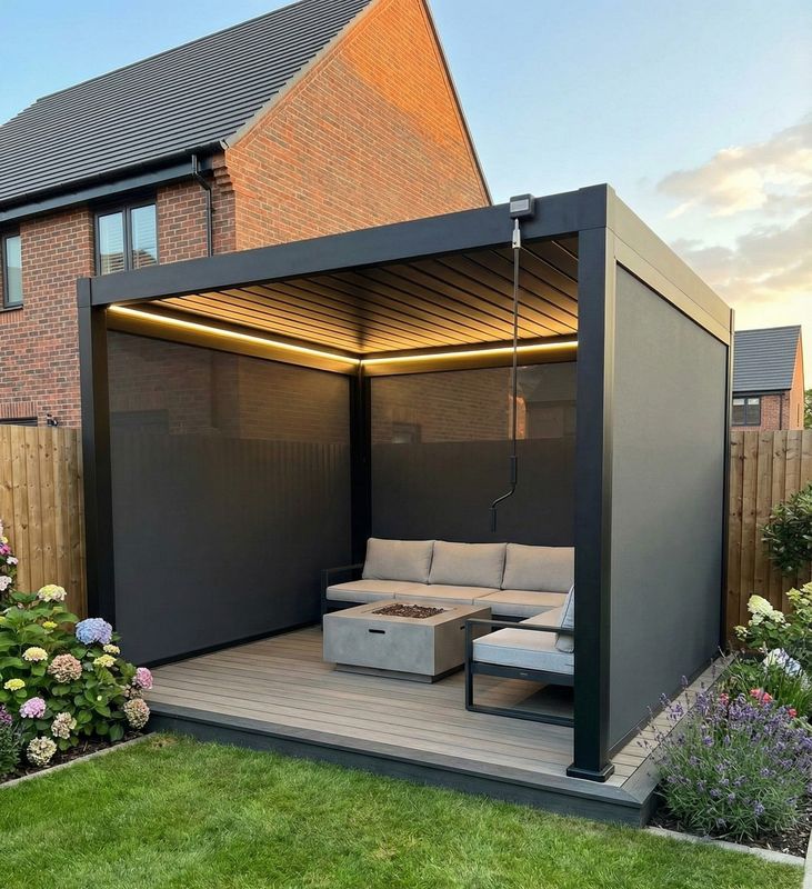 LuxShade™ 3×3m Aluminium Pergola with LEDs, Double-Layered Louvred Roof &amp; 3 Blinds