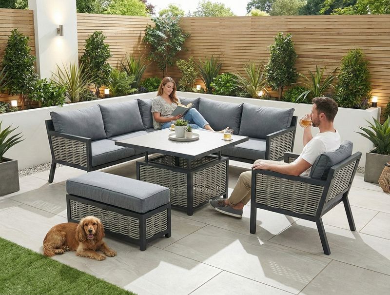 Lisbon Aluminium Corner Sofa, Chair, Bench &amp; Rising Table Dining Set | Dark Grey