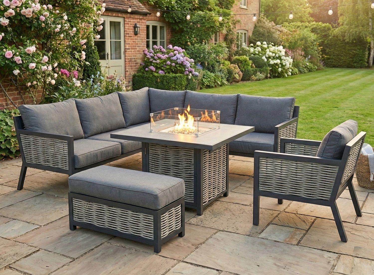 Porto Aluminium Corner Sofa, Chair, Bench with Ceramic Fire Pit Table Set in Grey