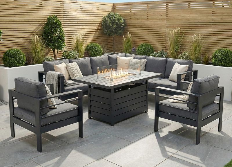 Aluminium Corner Sofa Set with Fire Pit | Right - Grey Aluminium Right Hand Corner Garden Sofa Set with Fire Pit Table & Armchairs – Grey