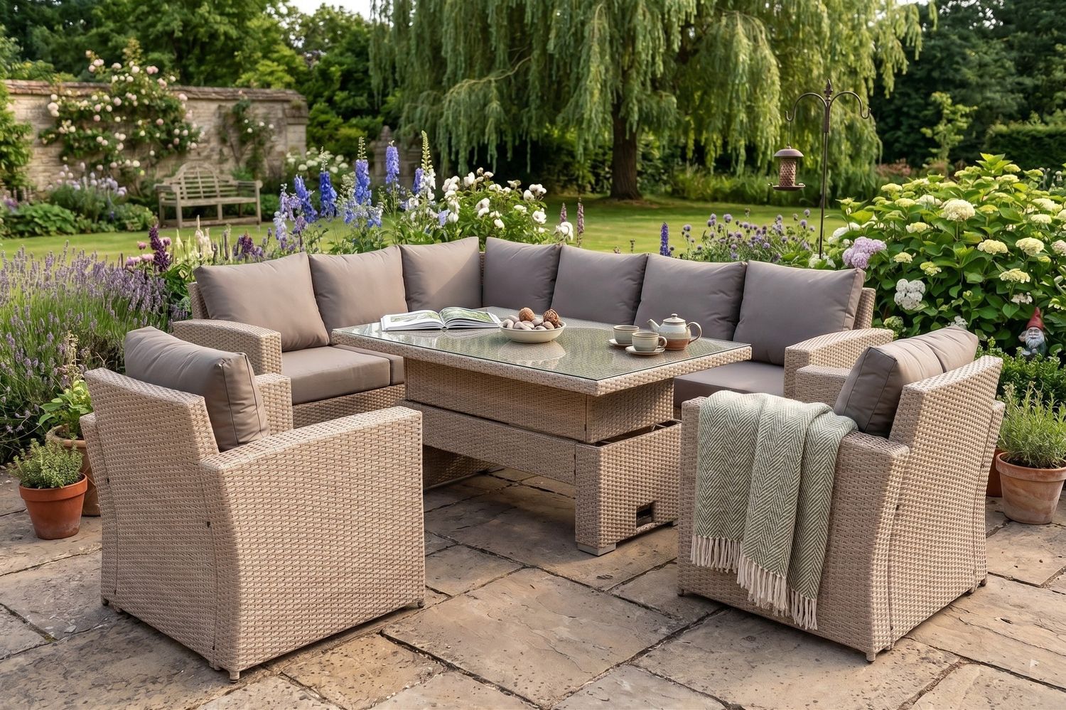 Zante Left Hand Rattan Corner Sofa Set with Adjustable Rising Table