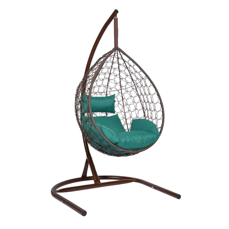 Hanging Egg Chair Chocolate Brown with Green Cushion