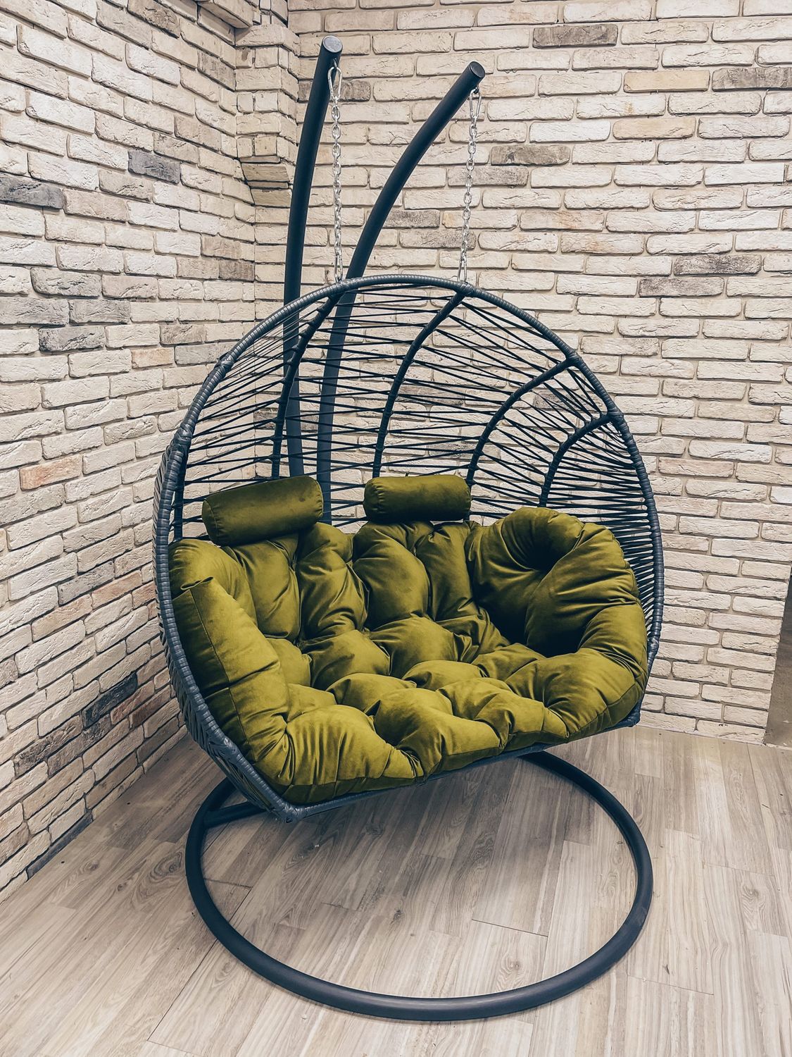 Premium Double Hanging Chair Grey with Green Cushion