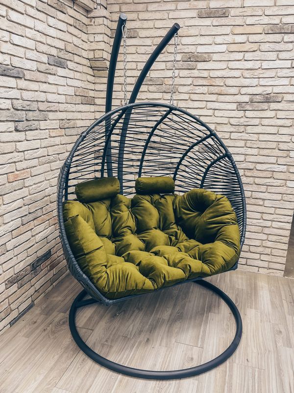 Premium Double Hanging Chair Grey with Green Cushion