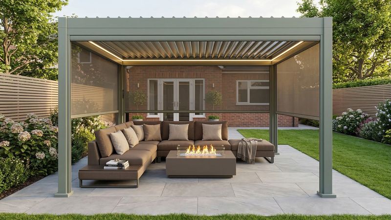 LuxShade™ 3×4m Pebble Aluminium Pergola with LEDs, Double-Layered Roof &amp; 3 Blinds
