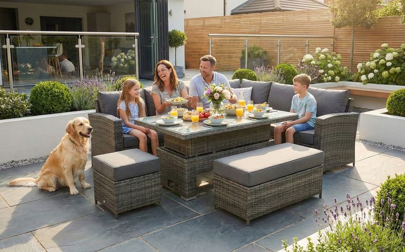 Kos Rattan Corner Sofa Set | Right - Mixed Grey / Dark Kos Rattan Right Hand Corner Sofa, Rising Table, Stool & Bench - Mixed Grey / Dark