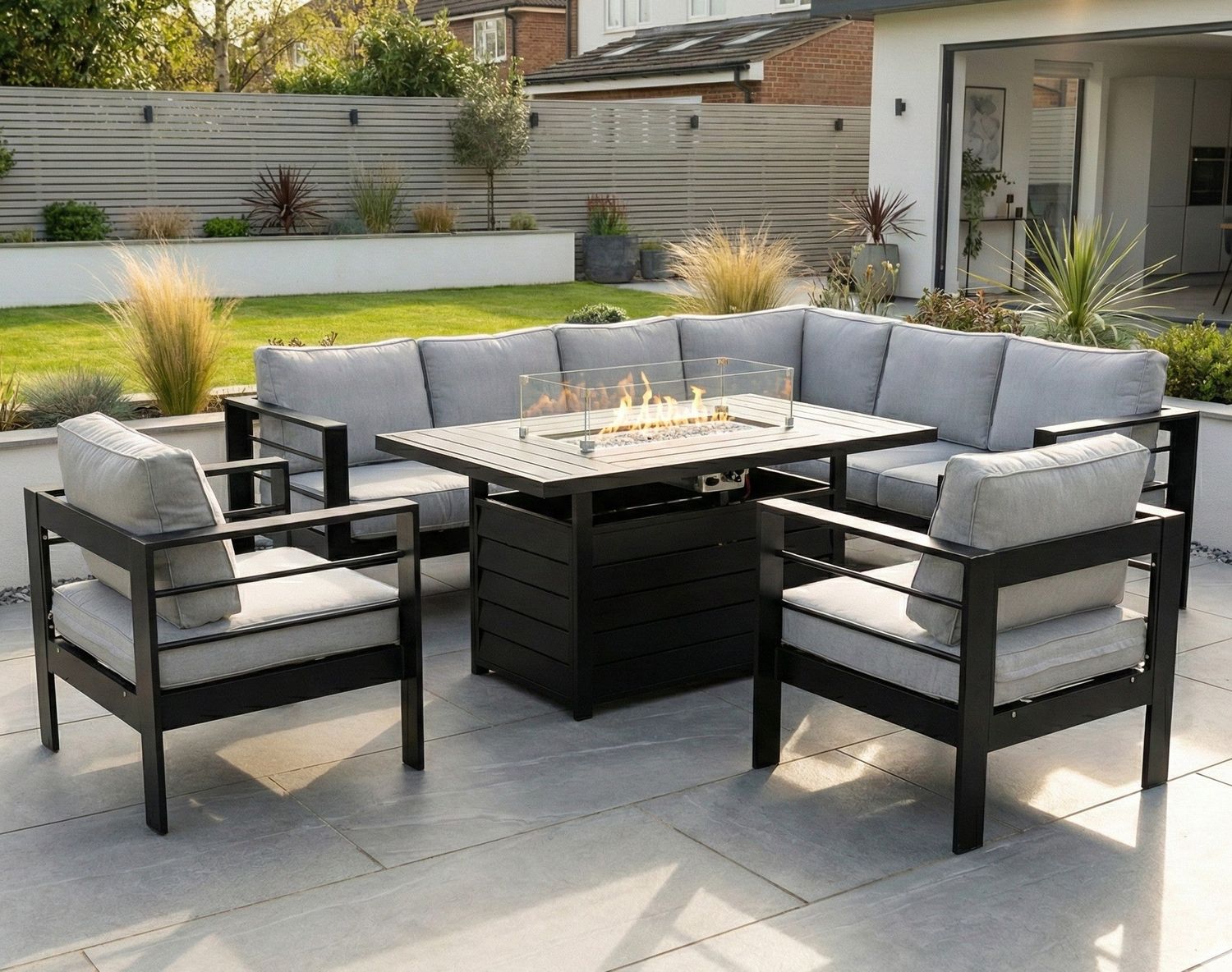 Aluminium Right Hand Corner Garden Sofa Set with Fire Pit Table &amp; Armchairs – Black &amp; Grey