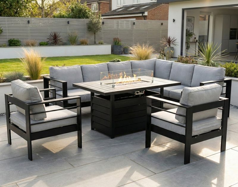 Aluminium Corner Sofa Set Fire Pit | Right Black/Grey Aluminium Right Hand Corner Garden Sofa Set with Fire Pit Table & Armchairs – Black & Grey