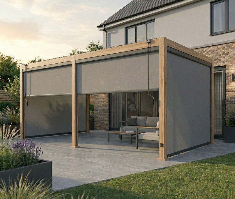 LuxShade™ 3×6m Aluminium Pergola LEDs, Double-Layered Louvred Roof &amp; Blinds Oak Effect