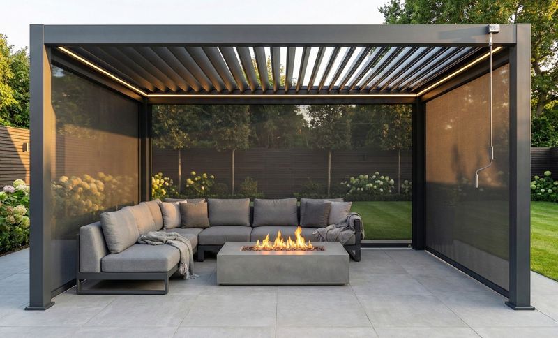 LuxShade™ 3×4m Aluminium Pergola with LEDs, Double-Layered Louvred Roof &amp; 3 Blinds