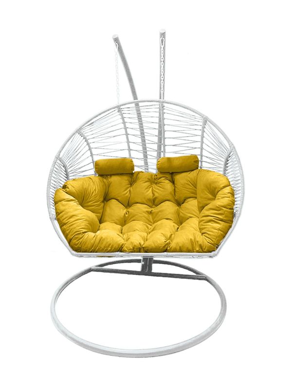 Double Hanging Egg Chair White with Yellow Cushion