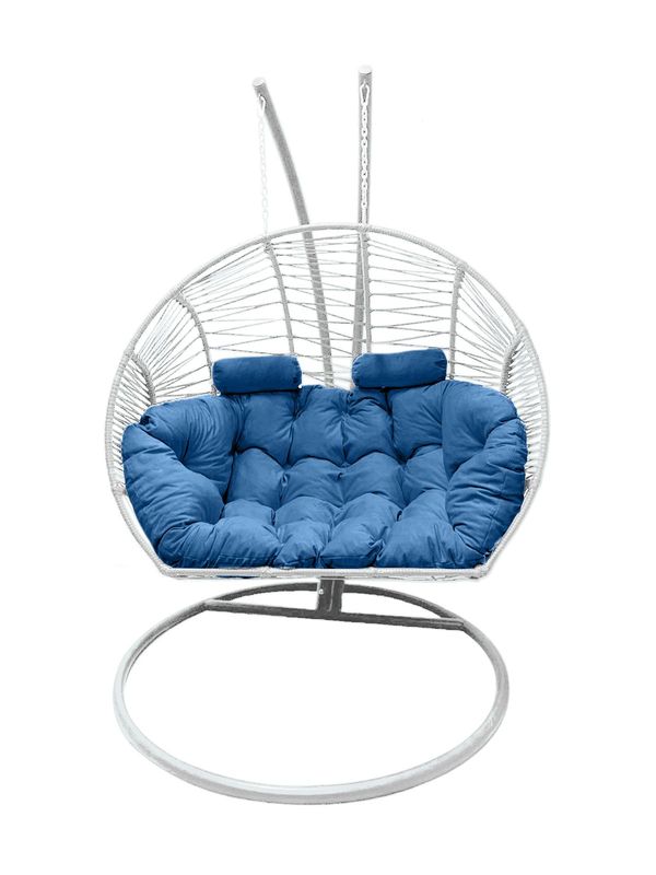Double Hanging Egg Chair White with Blue Cushion