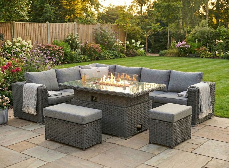 Apollo Luxury Rattan Corner Sofa Set | Left - Grey Apollo Luxury Rattan Left Hand Corner Sofa Stool Bench and Rising Fire Pit Table - Grey