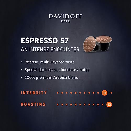 Davidoff Espresso 57 coffee capsules Nespresso 10, two brown and black coffee pods on dark backgrou…