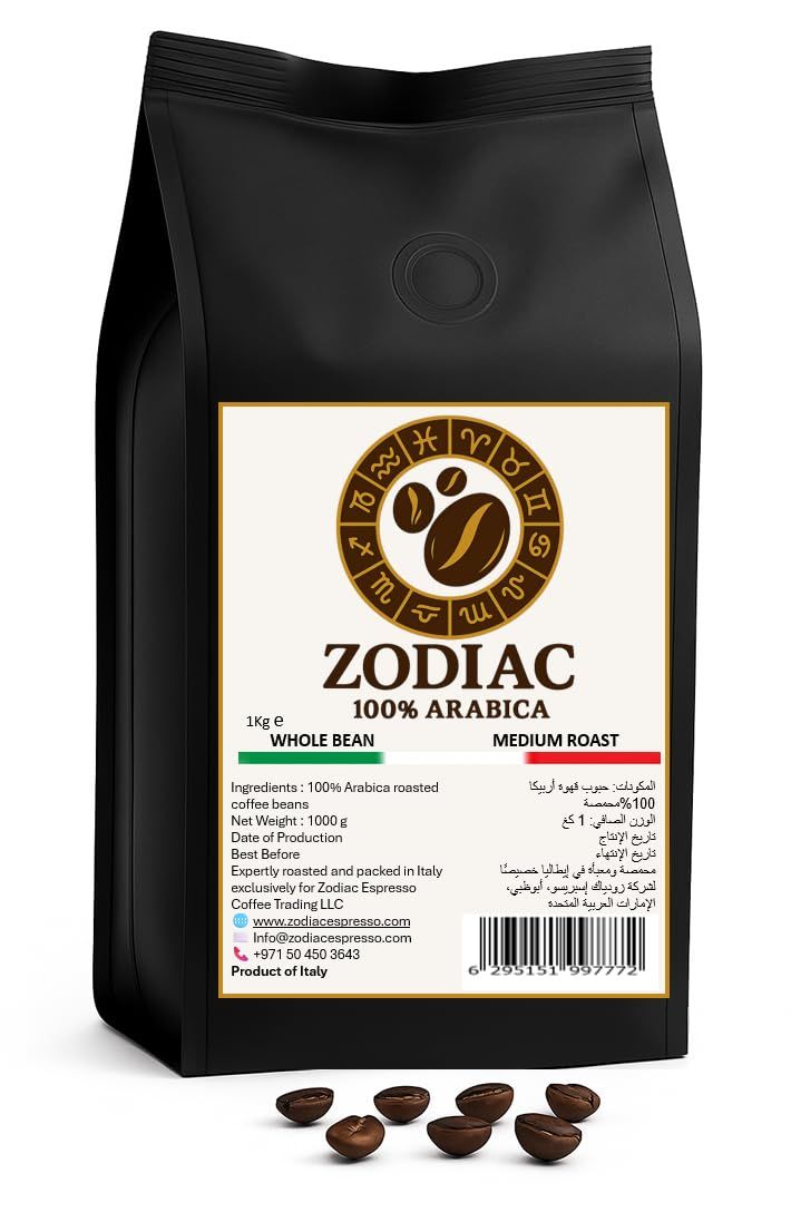 Zodiac Arabica Espresso Beans 1kg, a 1kg black bag of medium roast whole bean 100% Arabica coffee w…
