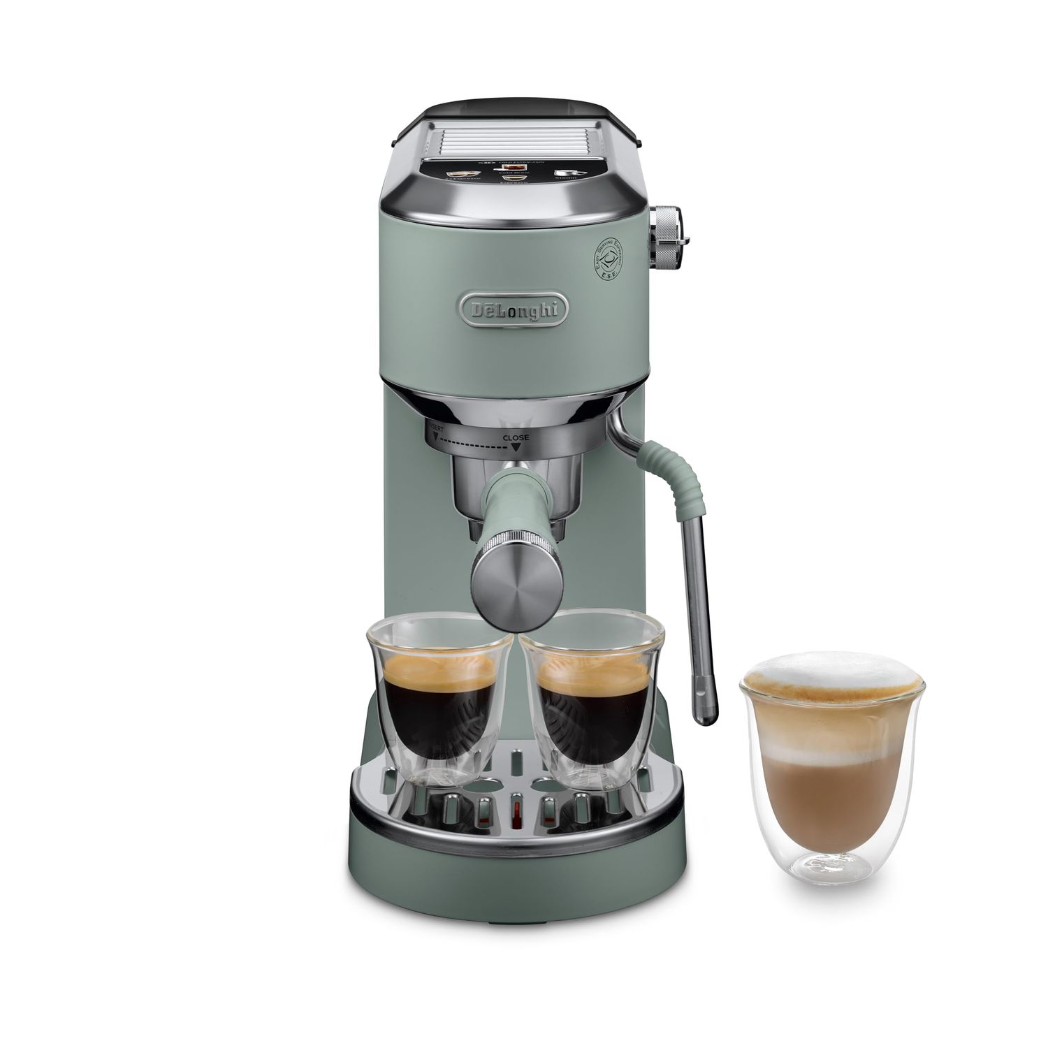 De'Longhi Dedica Duo EC890 Green espresso machine with two cups of coffee and a latte, showcasing i…