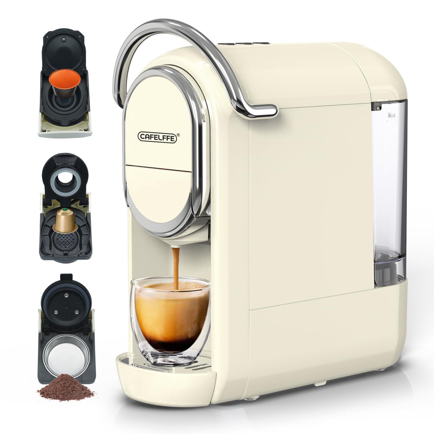 CAFELFFE 3-in-1 Capsule Machine, beige coffee maker with chrome accents, dispensing coffee into a g…