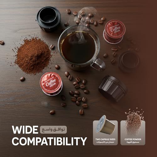 Green Lion Caffex Portable Espresso White coffee maker with coffee grounds, capsules, and beans on …