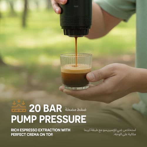 Green Lion Caffex Portable Espresso White machine dispensing rich espresso into a glass with 20 bar…