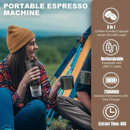 Green 3-in-1 Portable Coffee Machine with cups, for on-the-go use, shown with outdoor setting and f…