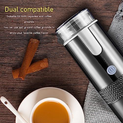 DAUB Portable 2-in-1 Espresso maker with silver and black design on wooden table with coffee cup, c…