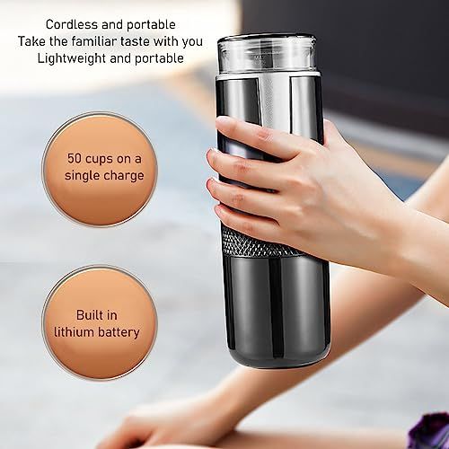 DAUB Portable 2-in-1 Espresso maker in silver color held by a hand, showcasing compact and recharge…