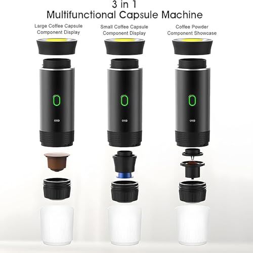 3-in-1 Portable Capsule Machine Black, three disassembled views of a compact coffee maker with larg…