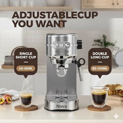 NOVA 20-Bar Espresso Machine, stainless steel, with two cups of espresso on wooden coasters, adjust…