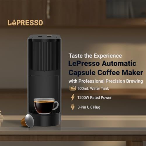 LePresso NS Capsule Coffee Machine, black coffee maker with cup and capsule, showcasing coffee mach…