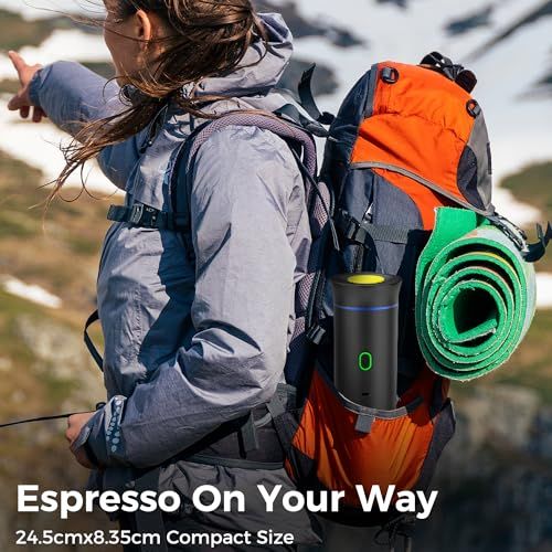 Woman hiking with 3-in-1 Portable Coffee Machine Black attached to backpack, compact coffee maker f…