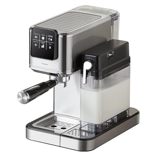 Royalstar 20 Bar Espresso machine, stainless steel with black accents, clear water reservoir, and c…