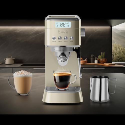 Kouch KEC1984 gold espresso machine with digital display and stainless steel accents, accompanied b…